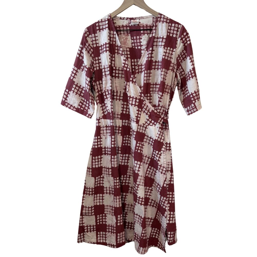 Global Mamas Pink White Geometric Print Short Sleeve Wrap Dress Size XL Cotton